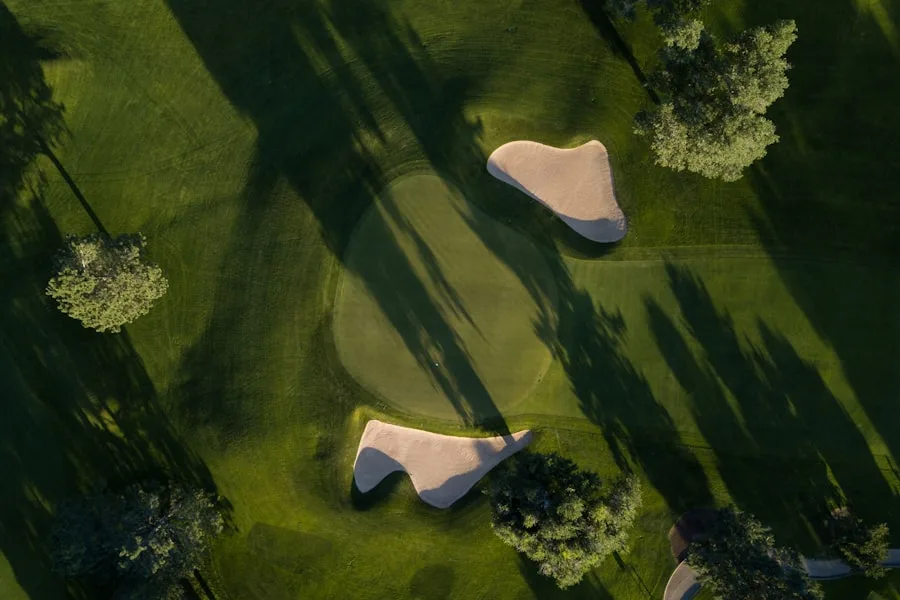 The fairways and bunkers from above