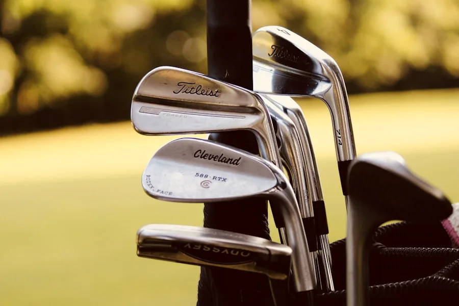 Irons catching the late light outside the pro shop